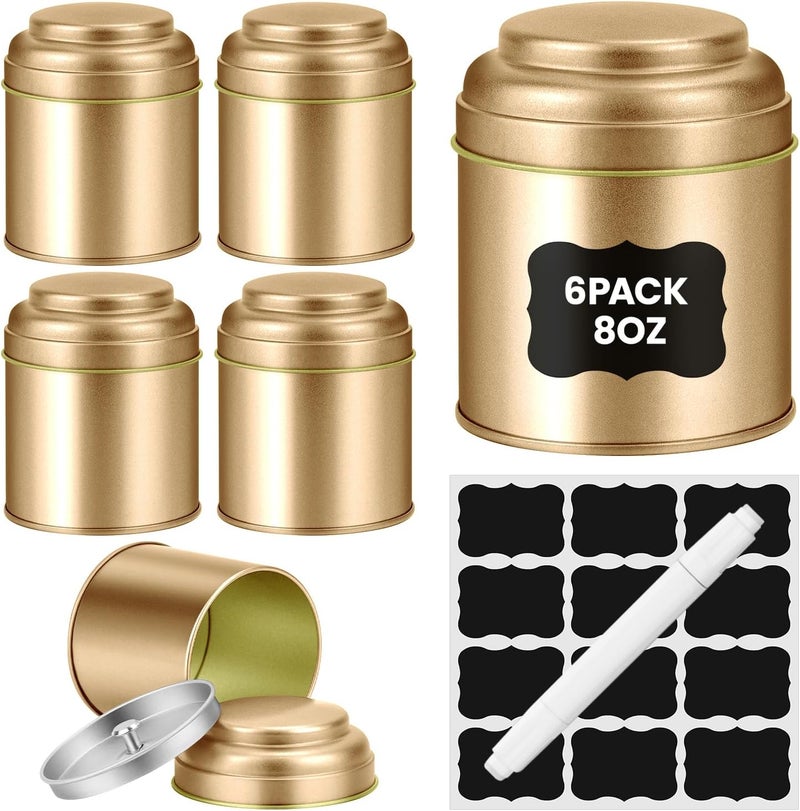 TRISCO Tea Tin with Airtight Double Lids for Loose Leaf Tea Storage, 8 Fl Oz Kitchen Small Tin Can Tea Canisters for Loose Tea Coffee Sugar Candy Spices, Holiday Gift(Golden 6 Pcs) - Image 1